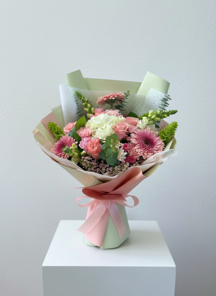 Pastel Garden Bouquet - A soft and elegant bouquet featuring a delicate mix of blush pink roses, gerbera daisies, hydrangeas, and seasonal blooms, beautifully wrapped in pastel tones and finished with a satin ribbon. Pastel Garden Bouquet brings freshness, sweetness, and charm—perfect for birthdays, thank you gifts, or simply to brighten someone’s day.
