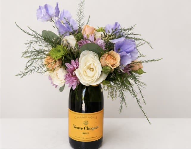 Booze-quet - French Champagne (375ml) - New at The Virginia Florist! A beautiful, seasonal arrangement on top of a high quality bottle of French champagne! What more could you ask for? When you are ready to enjoy your bubbly, easily lift off the arrangement and keep in a shallow dish with water to continue enjoying it's beauty.