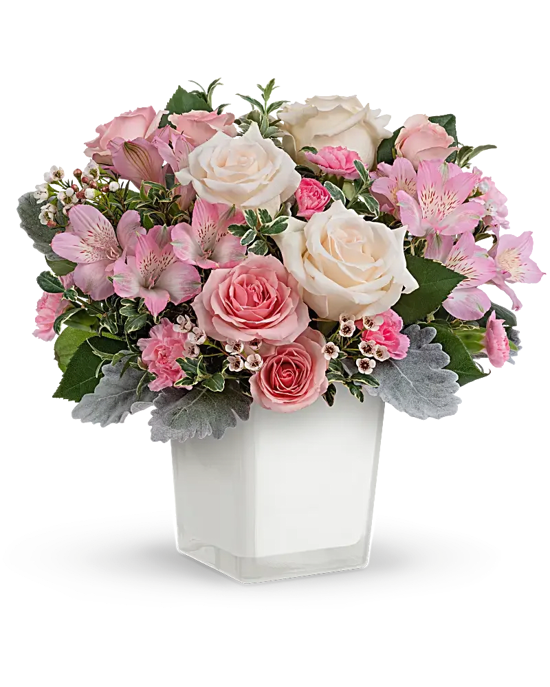 Oh So Lovely Bouquet - Nothing's sweeter than the prettiest pink and cream roses presented in a white glass cube for a lovely modern feel. Crème roses, pink spray roses, pink alstroemeria and miniature pink carnations are arranged with white waxflower, dusty miller and oregonia. Delivered in Teleflora's Color Splash Cube. Orientation: All-Around  SUBSTITUTION POLICY – Always deliver the freshest flowers! Please note the bouquet pictured reflects our original design.  If the exact flowers or container in this arrangement are not available, our local florists will create a beautiful bouquet with the freshest available flowers.