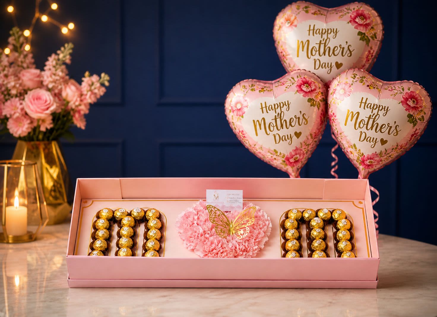 GOLDEM MOM - CAJA GARNDE CON CHOCOLATES Y CLAVELES Y GLOBO