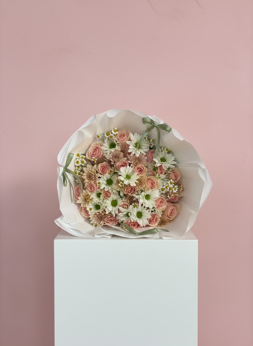Blush Daisy Charm Bouquet - A delicate and charming bouquet featuring soft blush roses, white daisies, and seasonal accent blooms, beautifully wrapped in elegant neutral tones with subtle ribbon details. Blush Daisy Charm Bouquet is designed to bring sweetness, freshness, and effortless beauty—perfect for thoughtful and heartfelt moments.