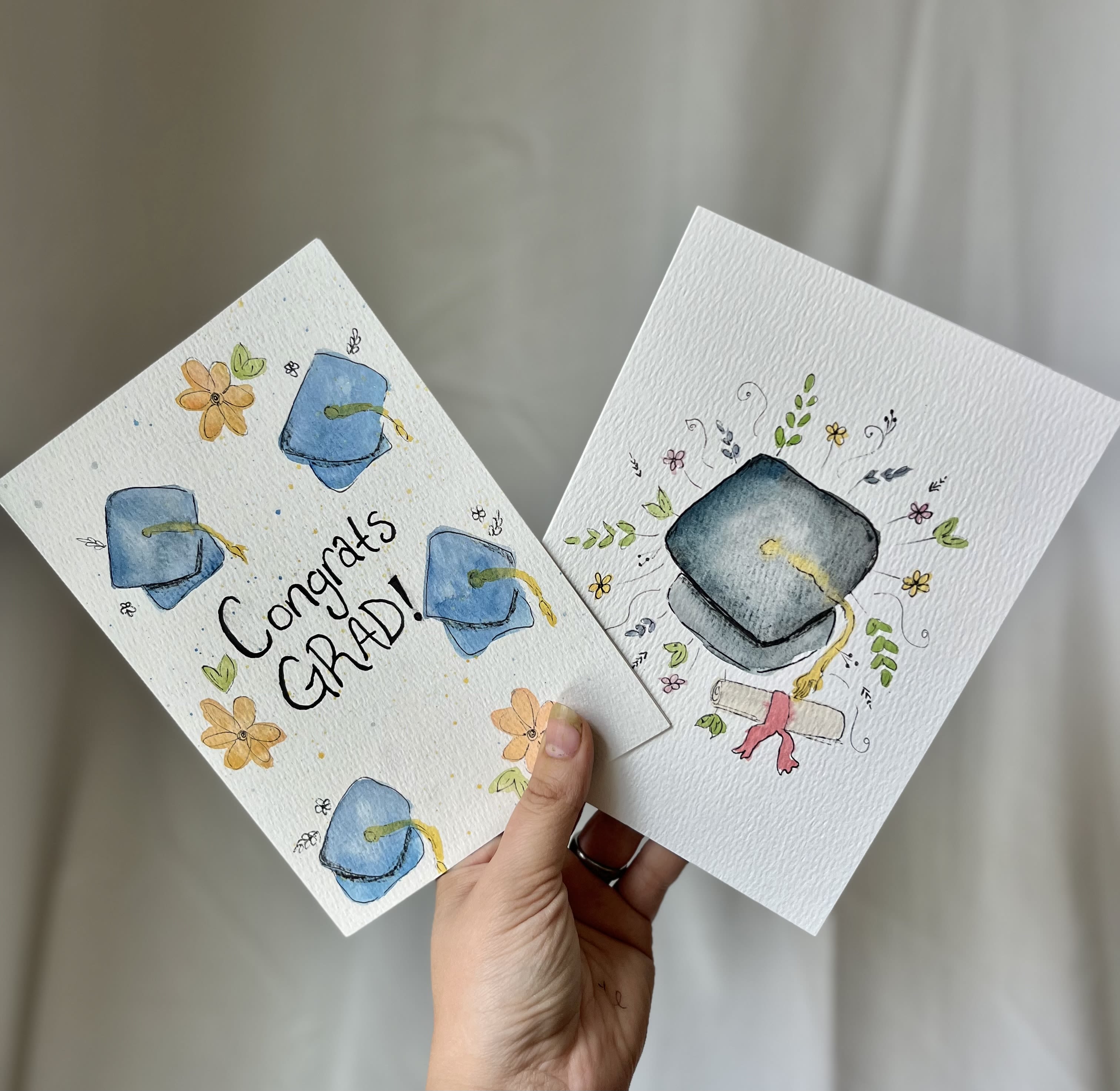 Graduation Handpainted Card - One handpainted card, each one is unique. Blank inside to put your own card message. Graduation themed!