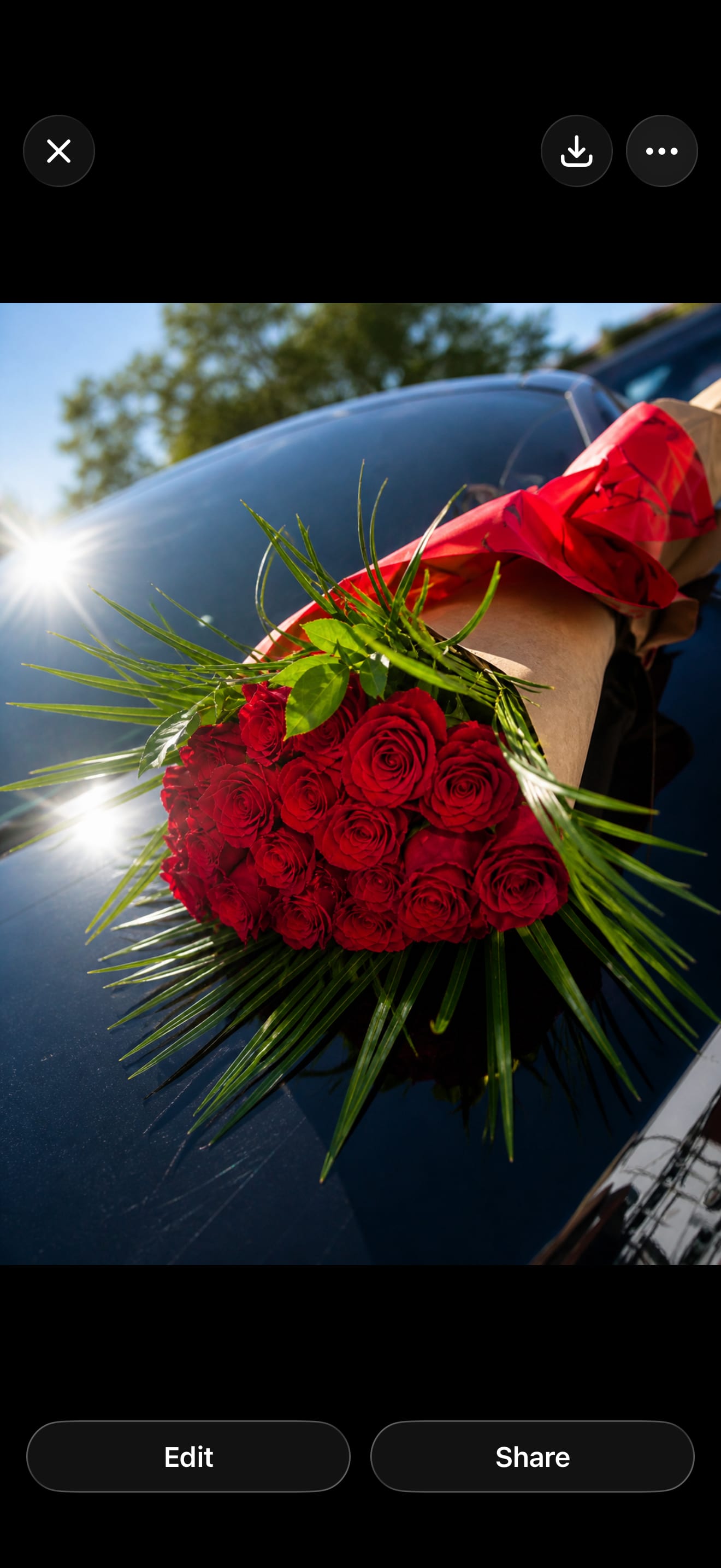 Bouquet of red roses wrapped in brown paper with red ribbon