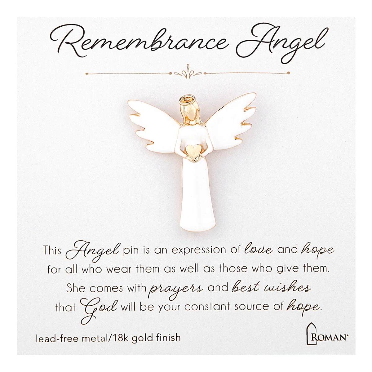 Remembrance Angel Pin - This gold tone Angel pin is an elegant symbol of faith, comfort, and protection. It's paired with a meaningful sentiment card. These pins are ideal for sharing encouragement or blessings. 