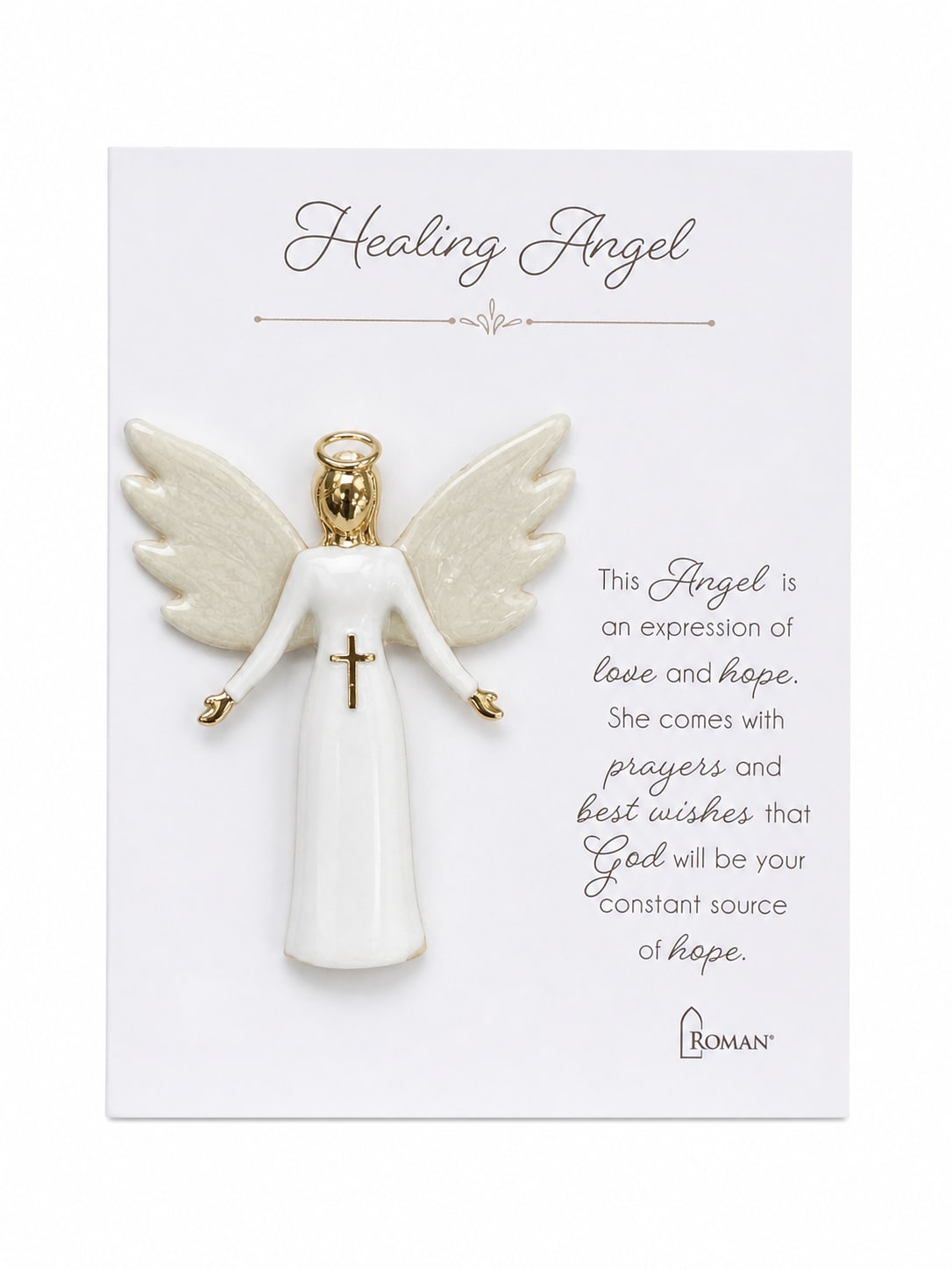 Healing Angel Pin - This gold tone Angel pin is a elegant symbol of faith, comfort, and protection. It's paired with a meaningful sentiment card. These pins are ideal for sharing encouragement or blessings. 