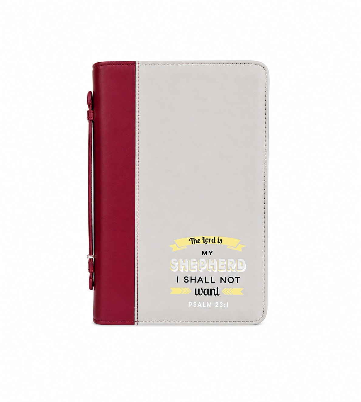 Psalm 23:1 Bible Cover - A sleek and meaningful bible cover featuring a two-tone red and gray design with stitched detailing. It's perfect for keeping your bible protected while carrying your faith with you wherever you go.