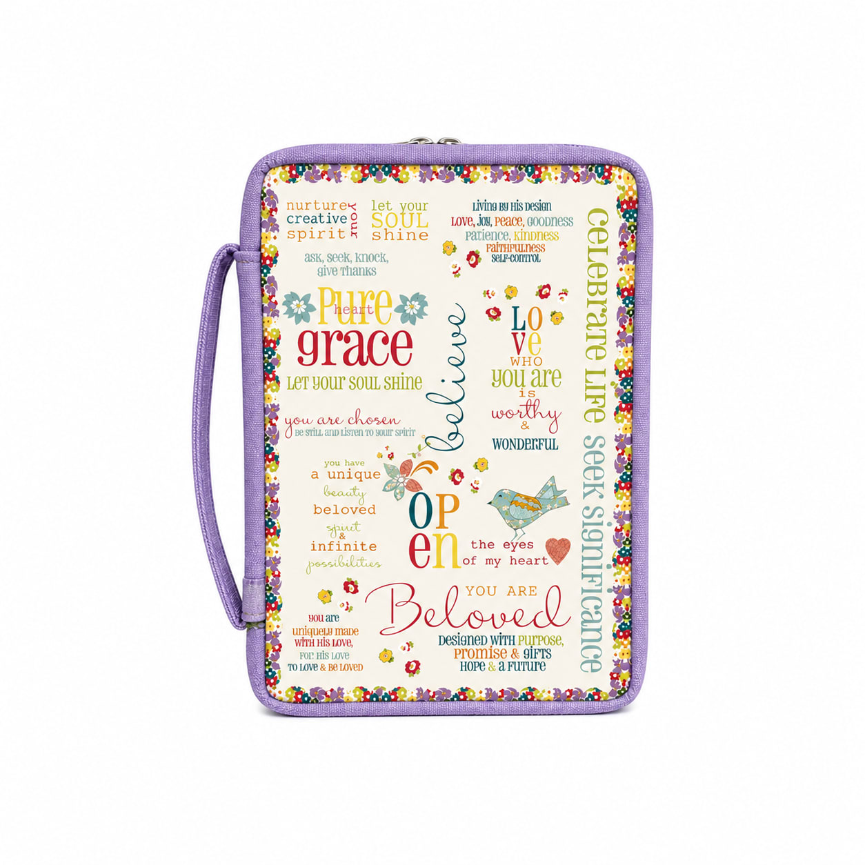 Floral Bible Cover - A vibrant and uplifting Bible case with a soft lavender trim and colorful floral border. This design radiates positivity and faith. 