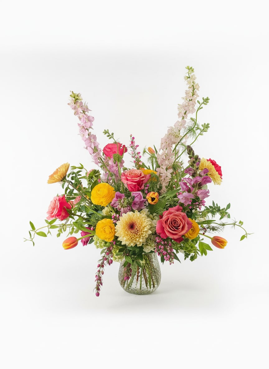Springtime Garden - Luminous pink roses and cheerful yellow ranunculus mingle with peach tulips and pale daisies in a loose, garden-style arrangement that immediately feels like a sunlit spring morning. As a flower arrangement for birthdays, Mother's Day, or a "just because" surprise, Springtime Garden delivers bright, feminine energy-the kind that makes the recipient feel truly seen and celebrated.  Tall snapdragon-like spires and delicate ranunculus add vertical movement while textured chrysanthemums and smaller accent blooms fill the open, airy composition. The mix of pink, yellow, peach, white, and purple creates a balanced, lively palette; stems are arranged to spread outward with graceful lines and layered textures for an abundant, hand-gathered look. Presented in a clear glass vase, it arrives ready to display and enliven any table, desk, or bedside.  Perfect for saying thank you, marking a birthday, or bringing spring cheer into someone's day, this bouquet suits any casual or celebratory moment. Standard sizing fills a medium clear vase as pictured; keep blooms in fresh water, trim stems occasionally, and rotate out of direct heat or drafts to extend enjoyment.