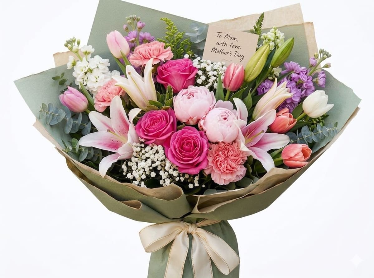 Grand Matriarch by The Flower Spot™ - A lush, hand-tied Mother's Day bouquet that feels both sumptuous and personal-this flower arrangement blends pink roses, white lilies, tulips, carnations, and lavender stock to create the kind of gift that makes a mom feel truly celebrated. The Grand Matriarch is a luxury bouquet for Mother's Day or a special family celebration, arranged to convey warmth, admiration, and joyful affection the moment she sees it.  The palette mixes hot pink, blush, white, and soft lavender set against muted green paper wrap for a fresh spring look. Textural contrasts-velvety roses, sculpted lily blooms, ruffled carnations, delicate stock, and clusters of small white filler-give the arrangement depth and movement. Finished with a satin ribbon , the presentation arrives polished and ready to place in a favorite vase.  Perfect for the mother, grandmother, or matriarch who deserves a statement of love, this bouquet reads as both romantic and cheerfully celebratory. Hand-tied for a natural, full silhouette, it ships ready to display; standard care-fresh water, trimming stems, and keeping blooms out of direct heat-will help these blooms brighten her days for as long as possible.
