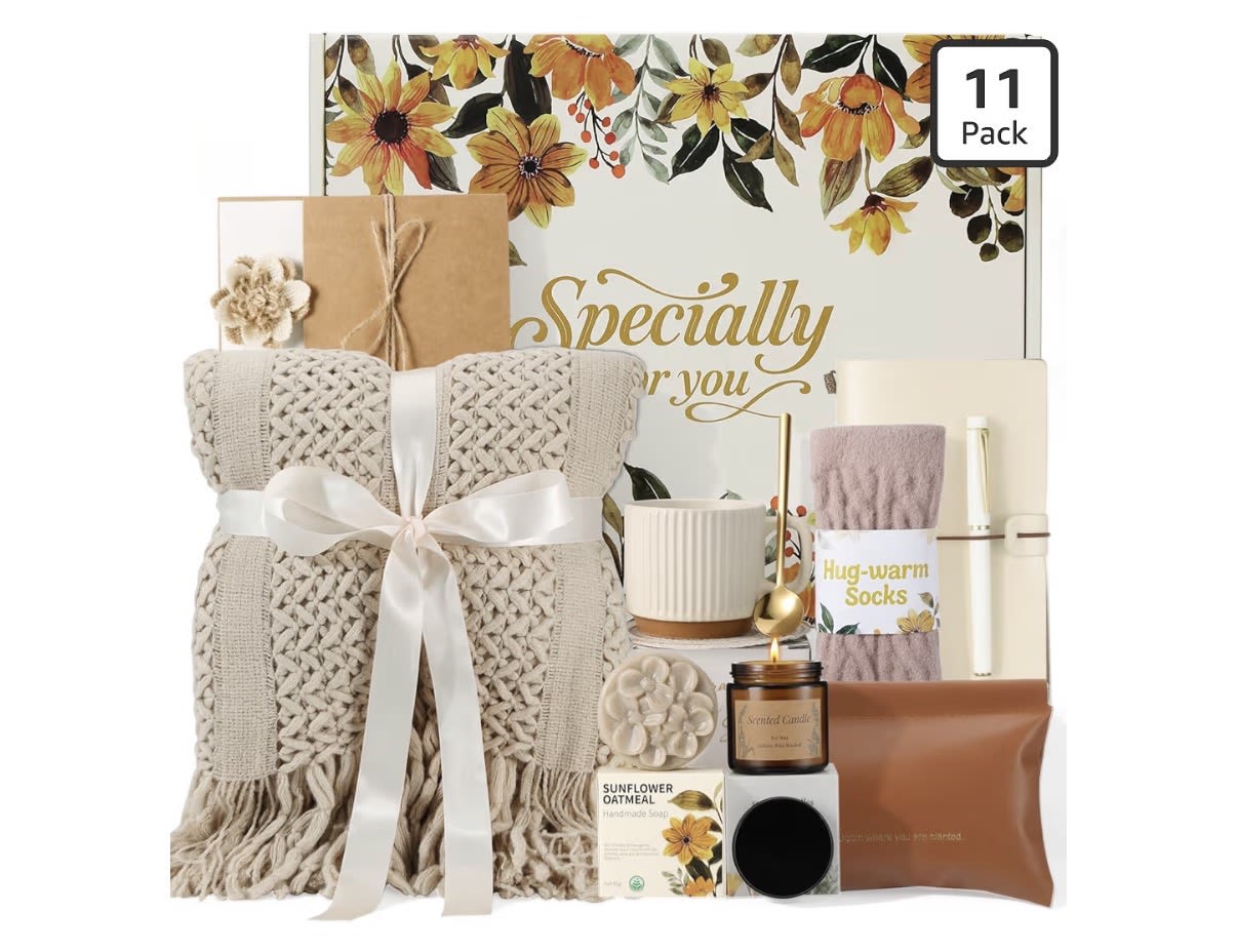 Specially for you - Unique gift set including Blanket, candle, oatmeal soap, mg, stir spoon, makeup bag, notebook, pen, coaster, and  fuzzy socks