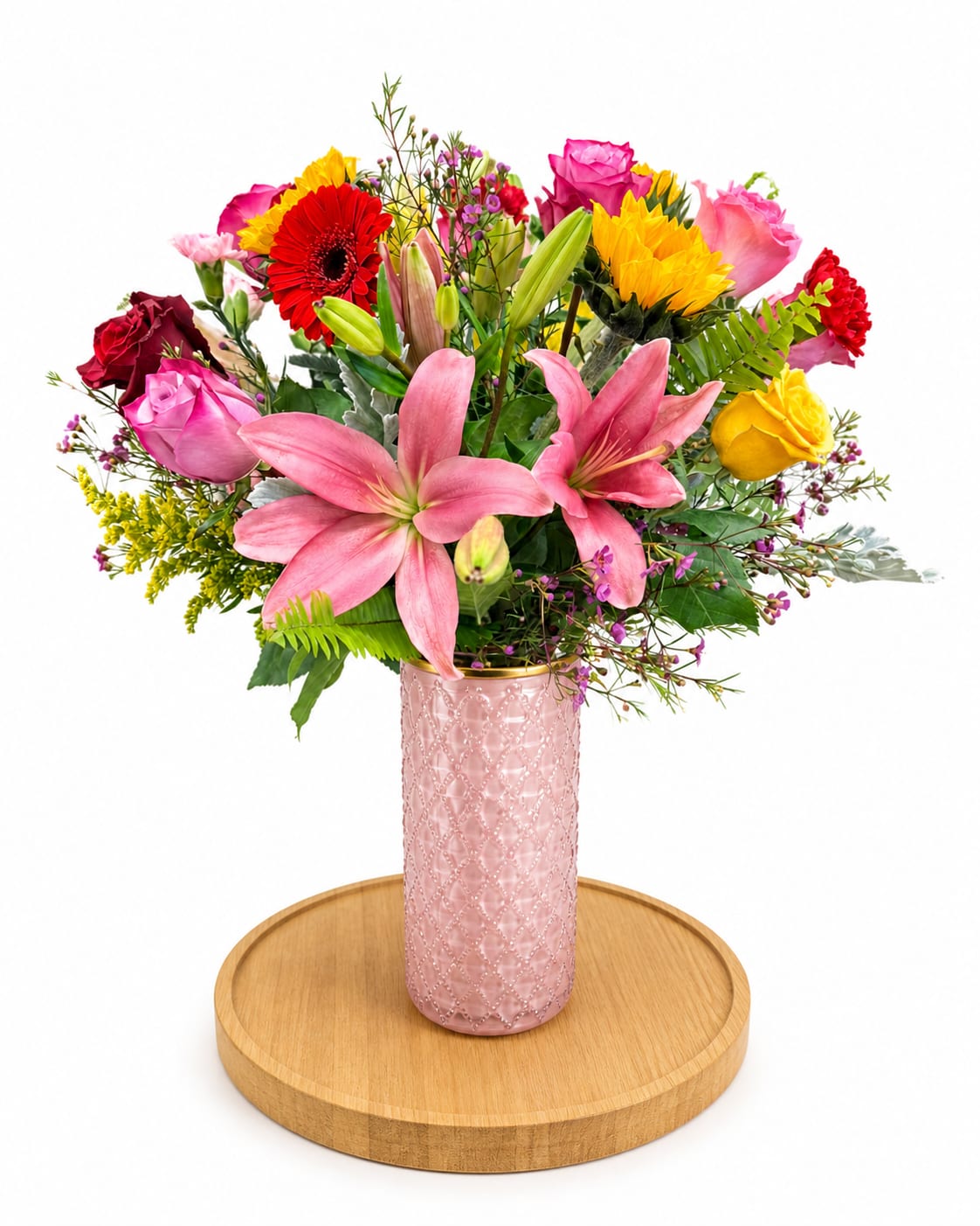 Love For Mom - lilies, roses, sunflowers, gerberas and fillers in a luxury pink vase 