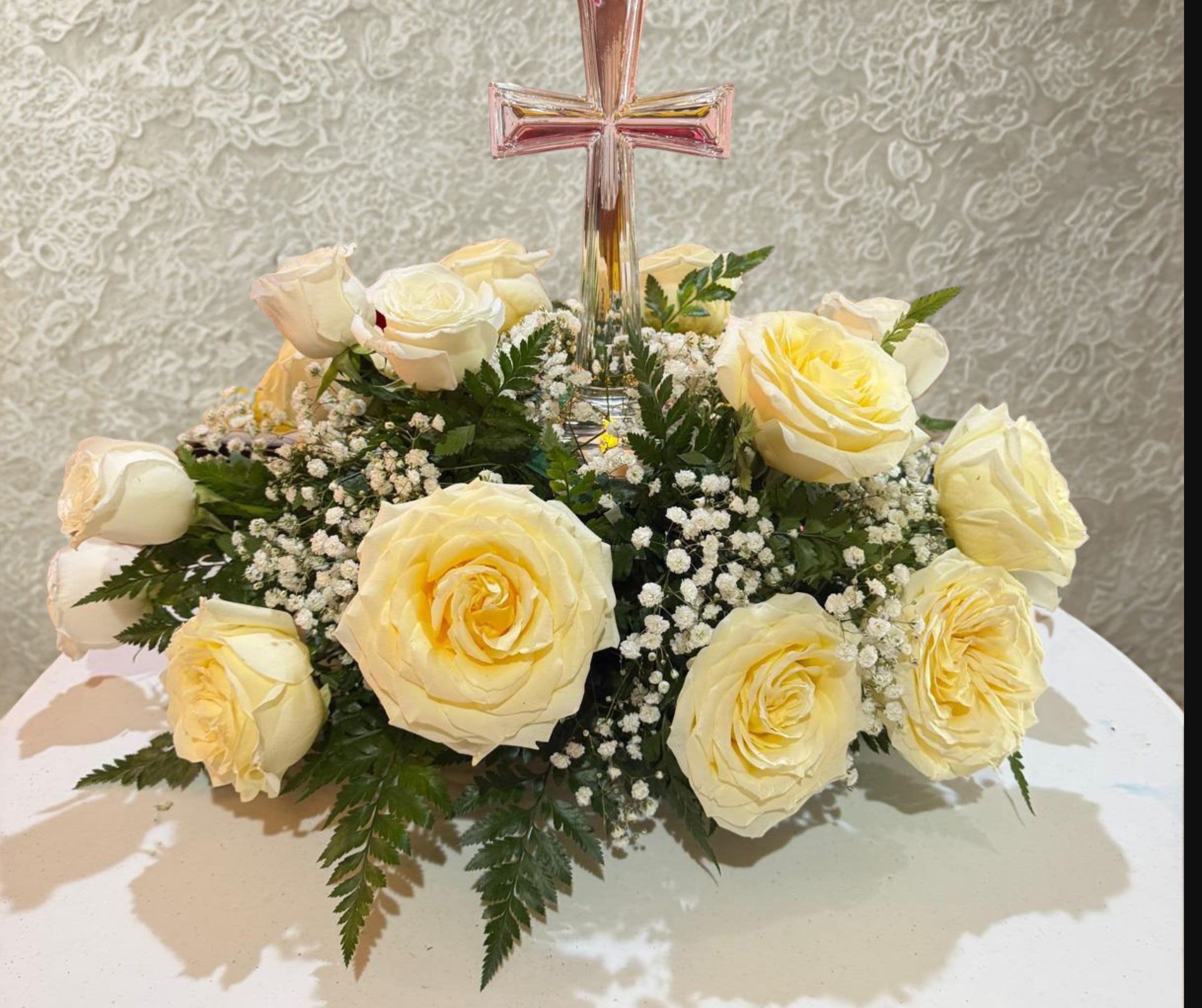 Glass Cross Funeral arrangement - condolence arrangement with white roses