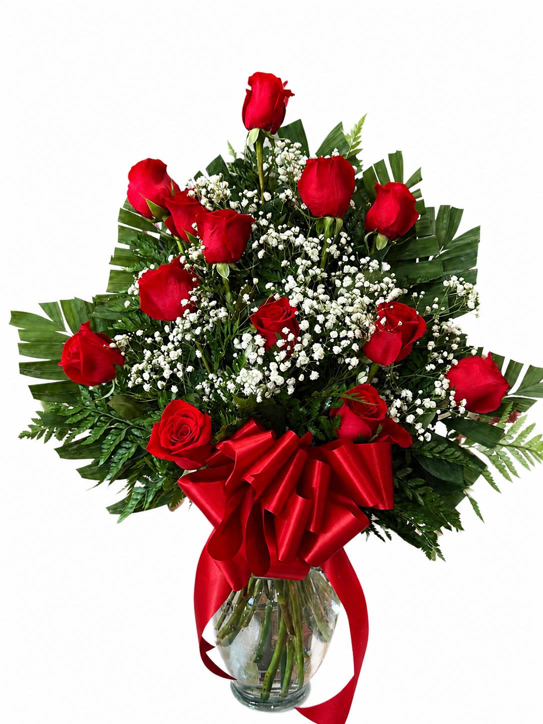 Red Passion  - 12 Red Roses In base + Baby Breath 