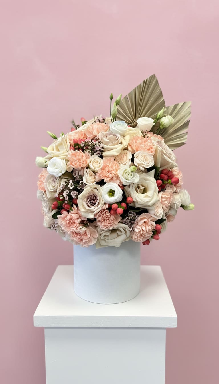 Nathi Box  - A soft blush bouquet that reads like a love letter: this romantic boxed arrangement is ideal as a birthday bouquet, anniversary gift, or Mother's Day surprise.   This is the kind of arrangement that makes someone feel truly seen-elegant enough for an anniversary, tender enough for Mother's Day, and perfectly neutral for weddings or congratulations. The compact, boxed presentation arrives ready to display; keep blooms in a cool spot out of direct sun and refresh the water if you transfer to a vase for longer enjoyment.
