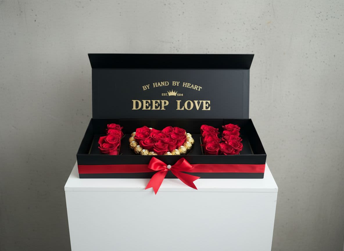 Black gift box with red roses and a red ribbon bow