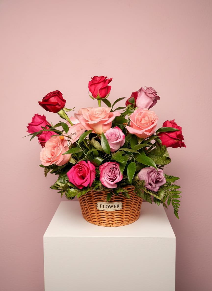 Mimi's Basket  - A dense cluster of roses in pink, blush, red and lavender creates an immediate burst of color and warmth-perfect as a Mother's Day surprise, birthday bouquet, anniversary gift, or a spontaneous expression of affection. The wicker basket gives this flower arrangement a casual charm that feels both thoughtful and instantly welcoming.  