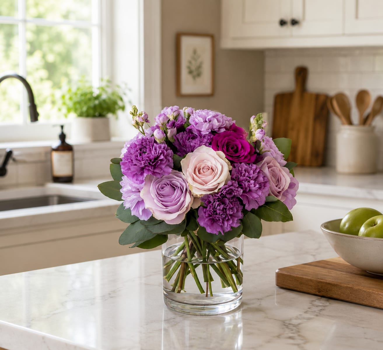 Lavender Bliss - Soft blush roses meet vibrant purple carnations in a charming bouquet that speaks of love, gratitude, and timeless elegance.