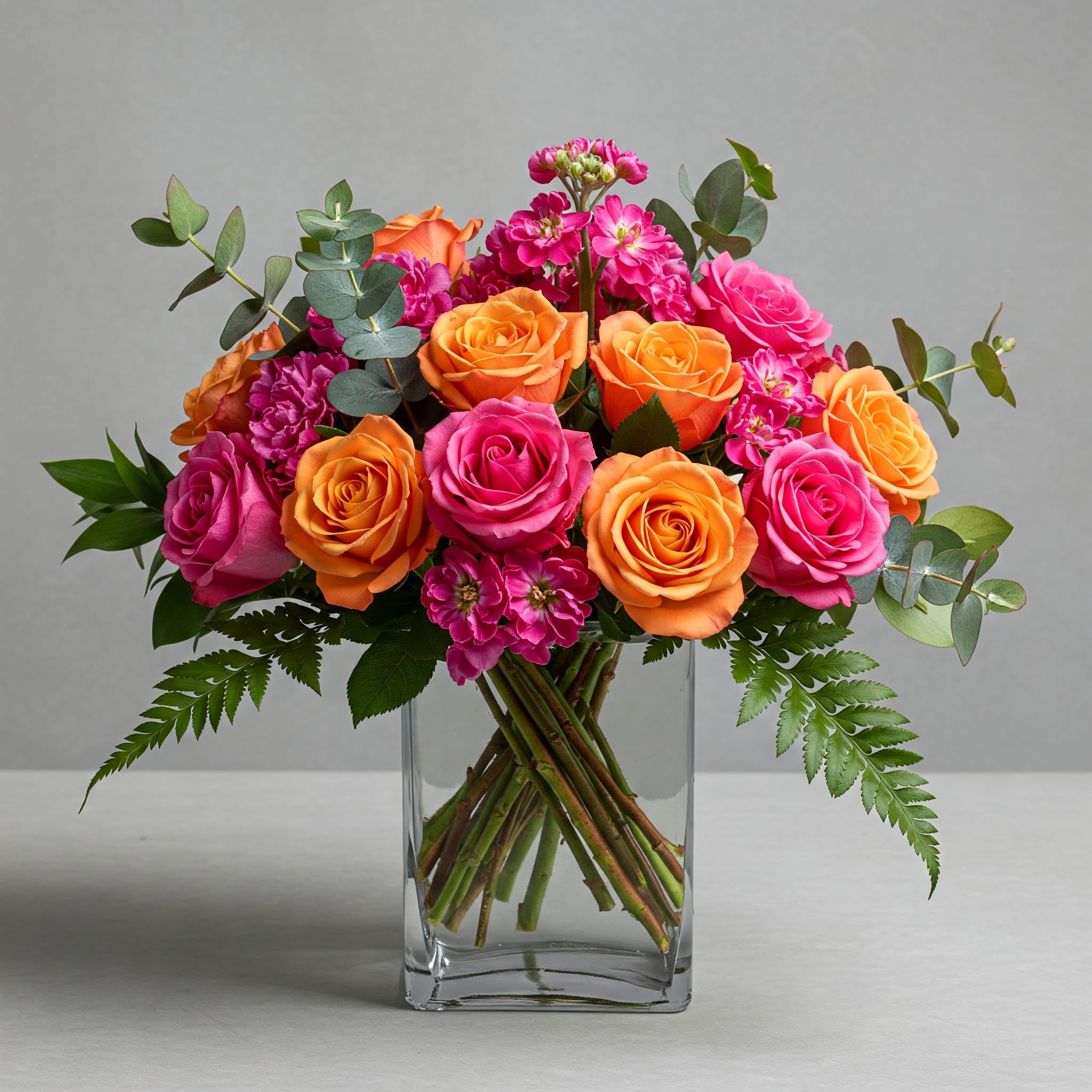Bouquet of pink and orange roses in a clear glass vase