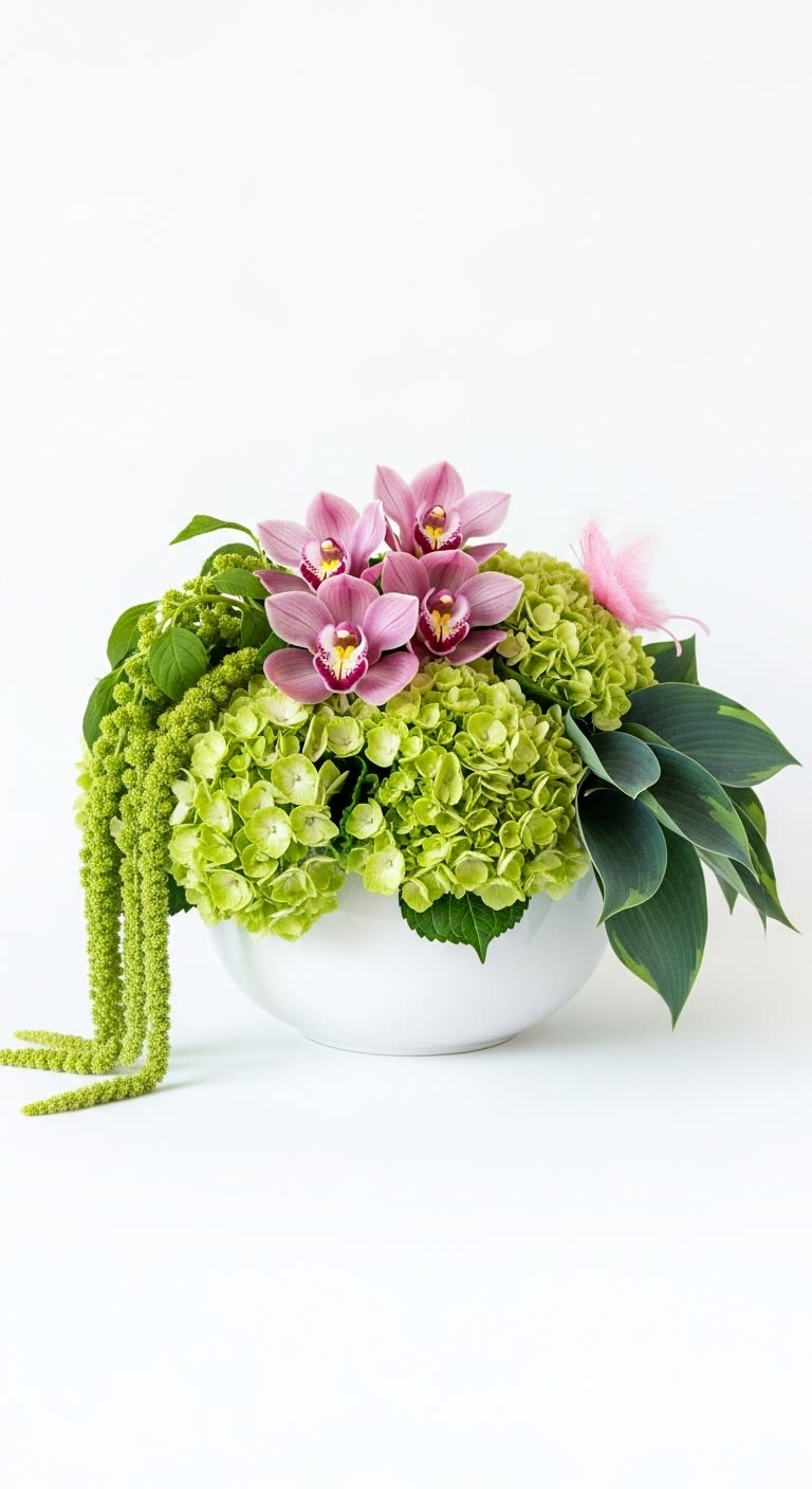 Butterfly Kisses - Butterfly Kisses | Mother’s Day Signature ArrangementA gift that whispers love in every petal."Butterfly Kisses" is a one-of-a-kind sculptural masterpiece designed for the mother who appreciates the extraordinary. Centered around the exotic elegance of premium Cymbidium orchids, this arrangement symbolizes strength and beauty.What truly sets this piece apart is the dramatic, velvet-like texture of cascading Green Amaranthus, which spills over the side of a sleek, white ceramic bowl like a botanical waterfall. Topped with a delicate butterfly accent, it captures a fleeting, magical moment in nature.Key Features:Artistic Design: A modern, low-profile arrangement perfect for a dining centerpiece or entryway.Premium Blooms: Features long-lasting pink Cymbidium orchids and fresh, pendulous amaranthus.Ready to Display: Arranged in a high-quality, reusable white ceramic vessel.Meaningful: Named for the light, sweet moments between a mother and child.Approximate Dimensions: 12" H x 10" W (not including the cascading greens).Care Note: Cymbidium orchids are exceptionally long-lasting. To keep your "Butterfly Kisses" fresh, keep away from direct sunlight and add a small amount of water to the base of the bowl every 2–3 days.