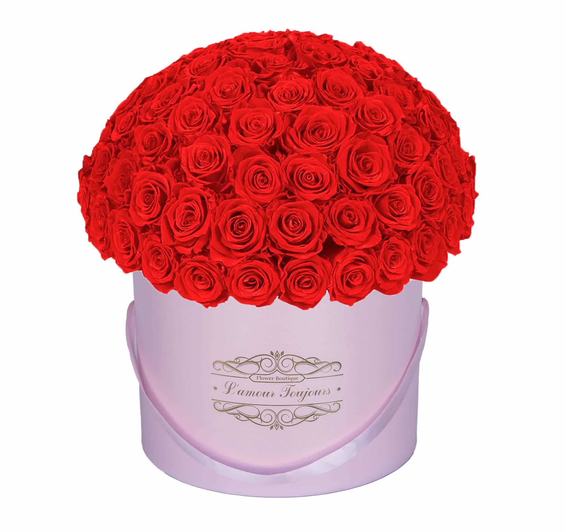 100 Red Everlasting Roses - Pink Signature Box - • Everlasting roses are preserved real roses that last up to 3 years! By treating fresh roses with a unique method these roses become long lasting and keep their natural beauty, structure and softness. • Make a statement with our exquisite Ecuadorian real roses that bring uniqueness and sophistication to life. • Send stunning roses to your loved ones, a wife, a husband, a parent or a friend to let them know you remembered their special day. • Zero maintenance required: Everlasting roses hold tenderness and a natural fresh look, with no maintenance required.
