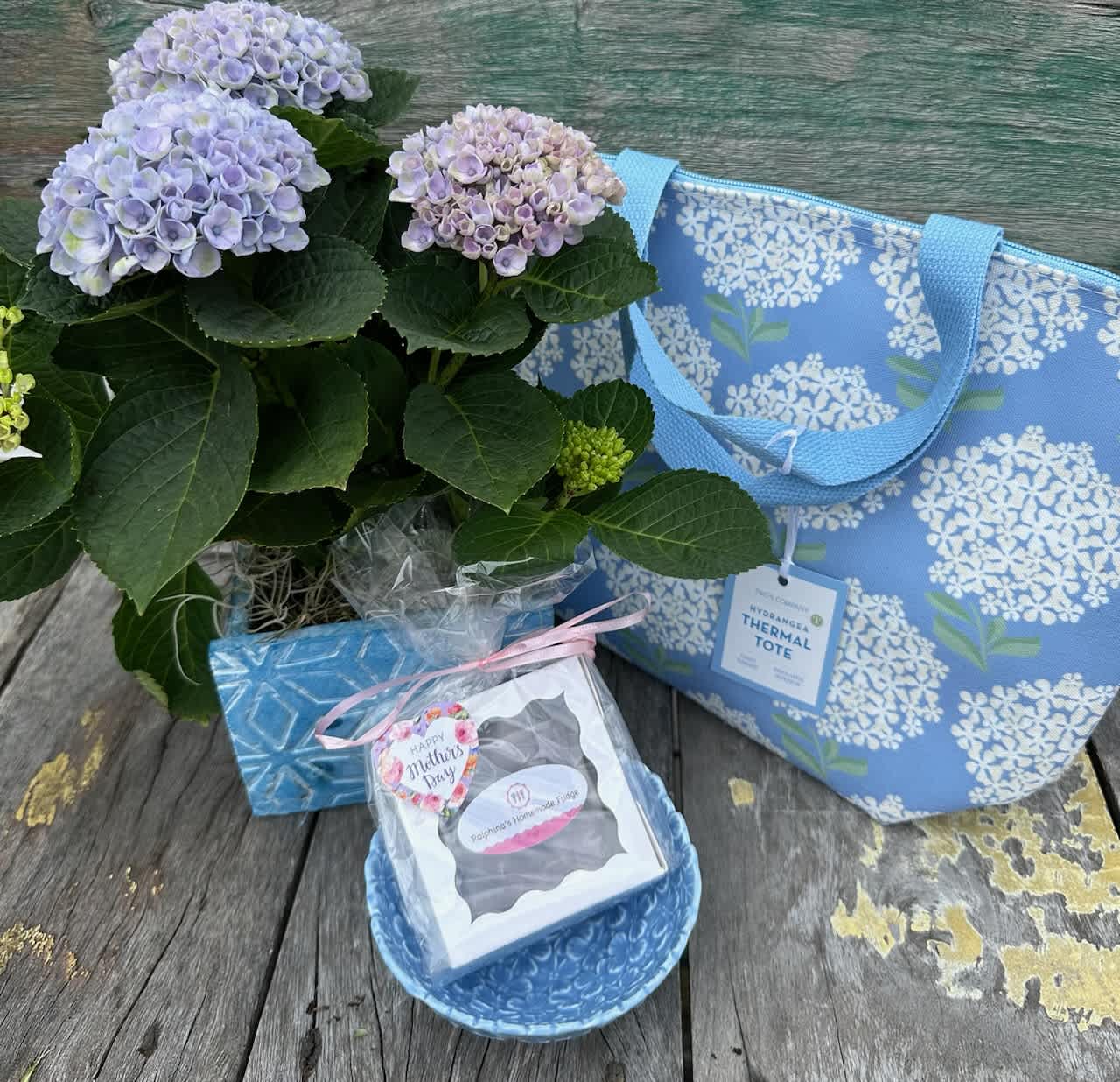 Potted hydrangea plant with a blue tote and small gift items