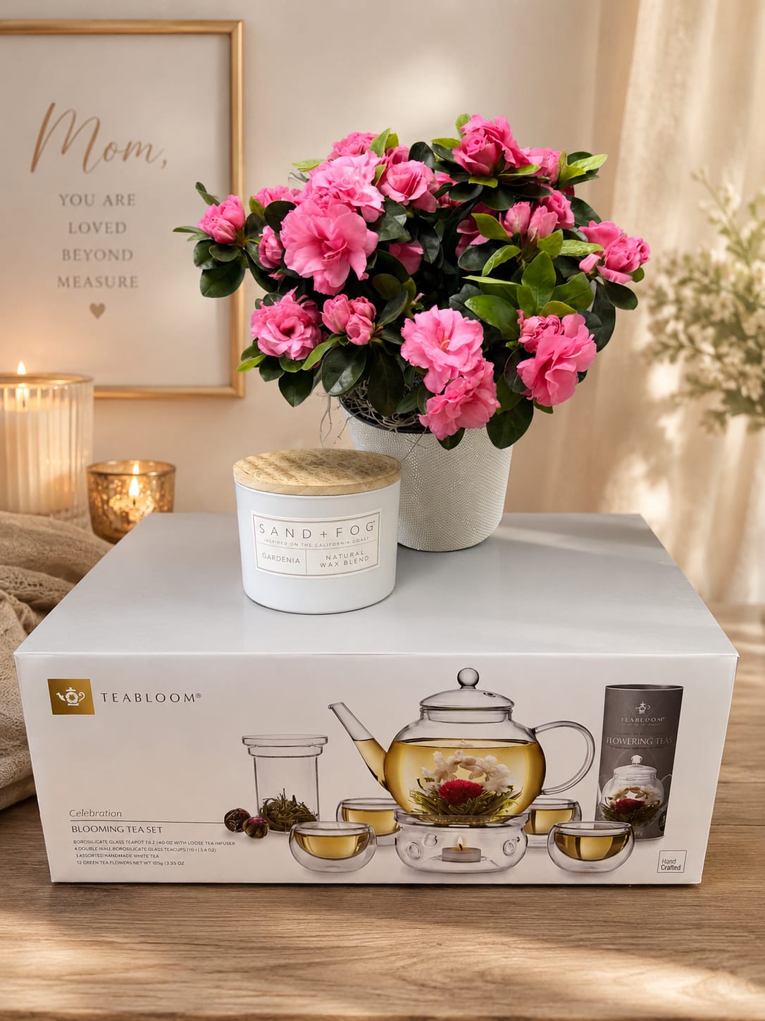     Tea &amp; Bloom Escape - “A beautiful and relaxing gift set featuring a blooming pink azalea plant, luxury scented candle, and elegant flowering tea set. Perfect for Mother’s Day, birthdays, thank you gifts, sympathy, or simply sending a peaceful moment of love and comfort.”