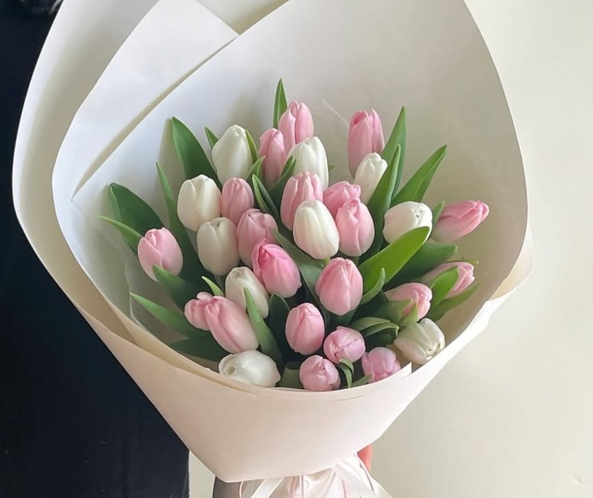 Bouquet of pink and white tulips wrapped in cream paper