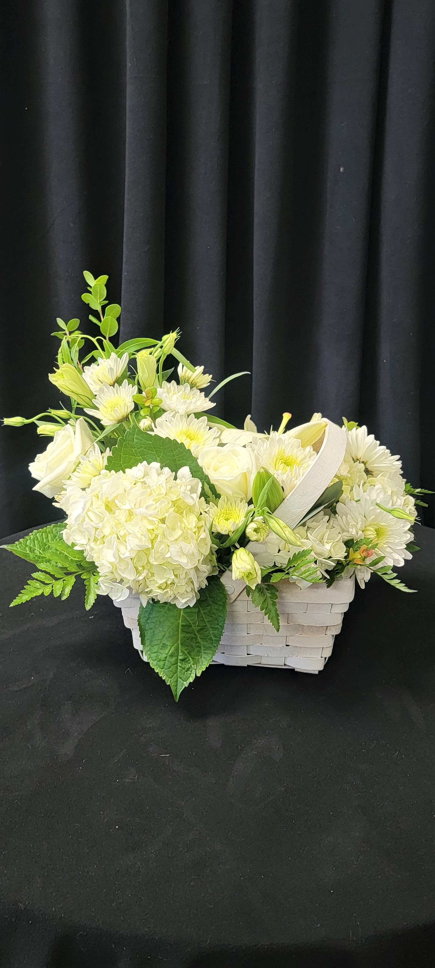 All White Basket - Beautiful blooms in an all white basket