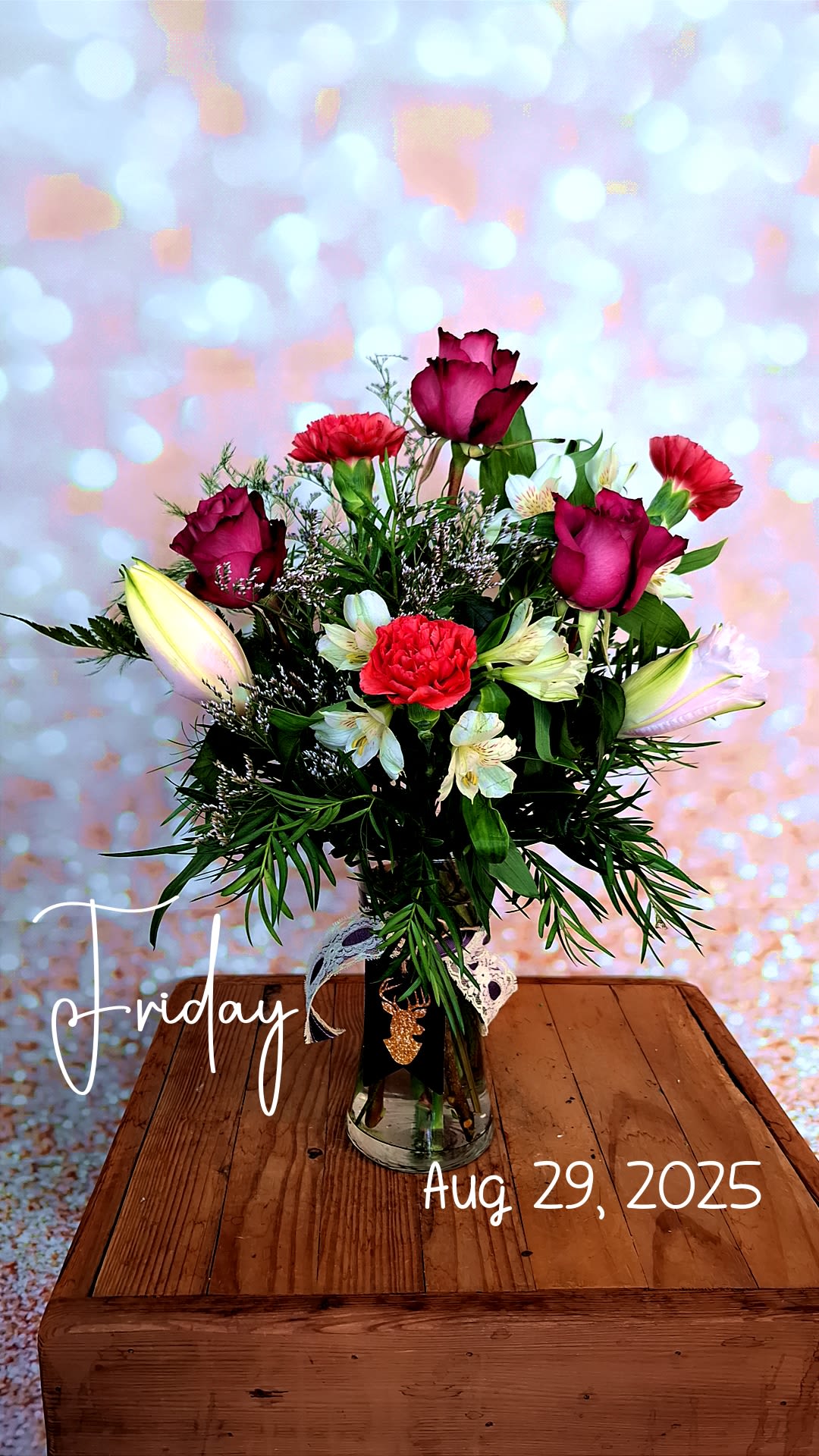 Awesome Anniversary - Show her how happy you are to have her in your life. A sparkling glass vase overflowing with favorite flowers for your forever-favorite girl. Roses, Mixed with Lilies, fragrant Stock and alstros.