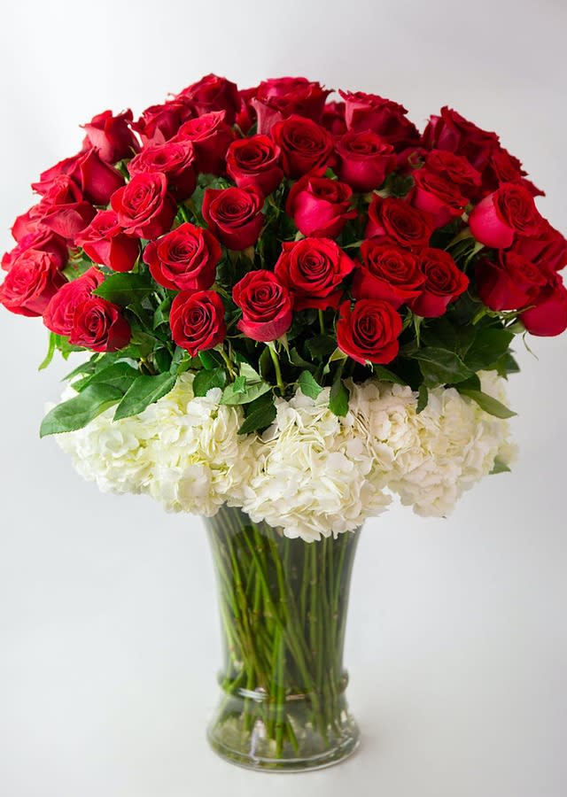 Red roses and white hydrangeas arranged in a clear glass vase