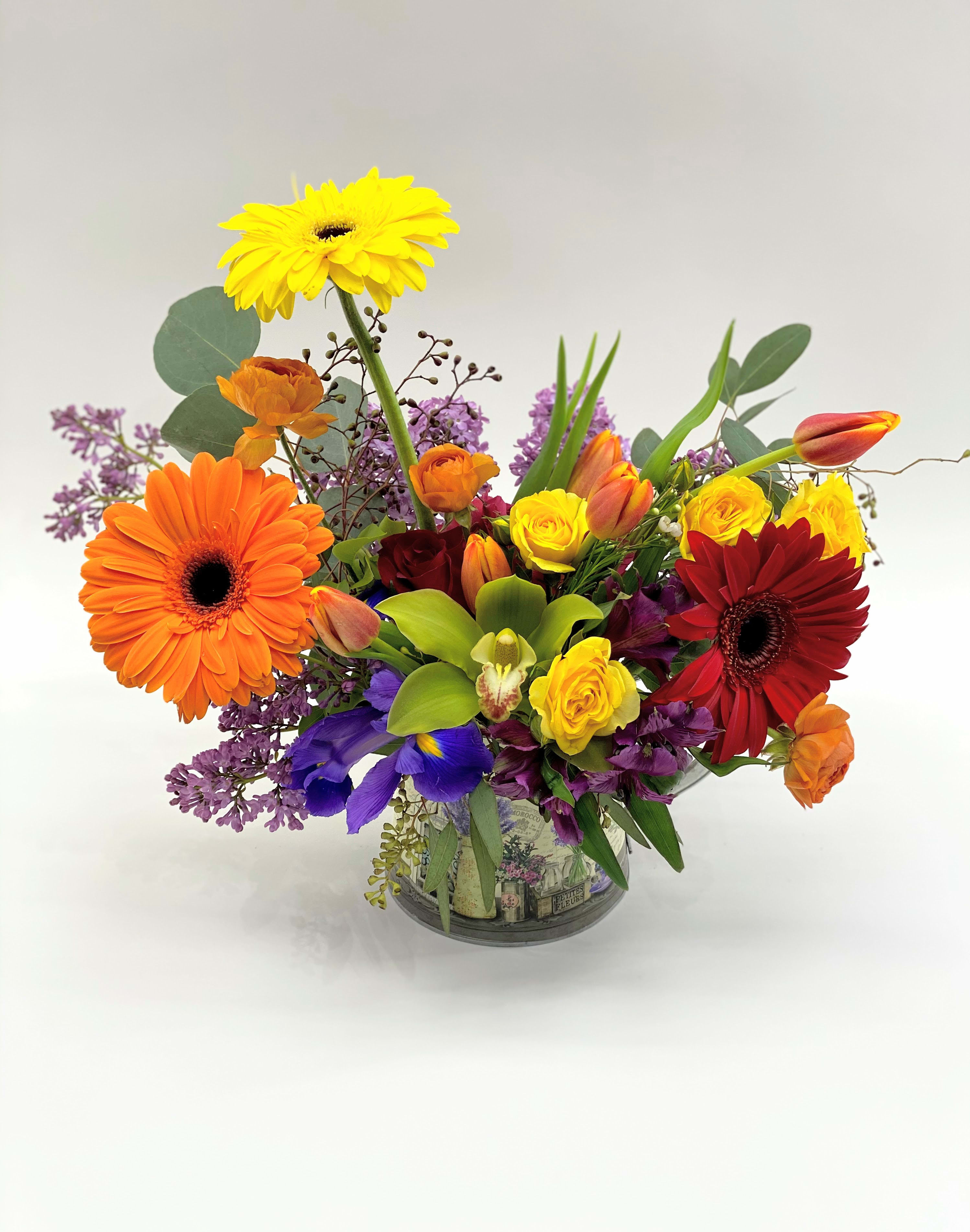 Spring flowers - Gerbera,tulip,spray roses,alistromeria,lilac,iris.