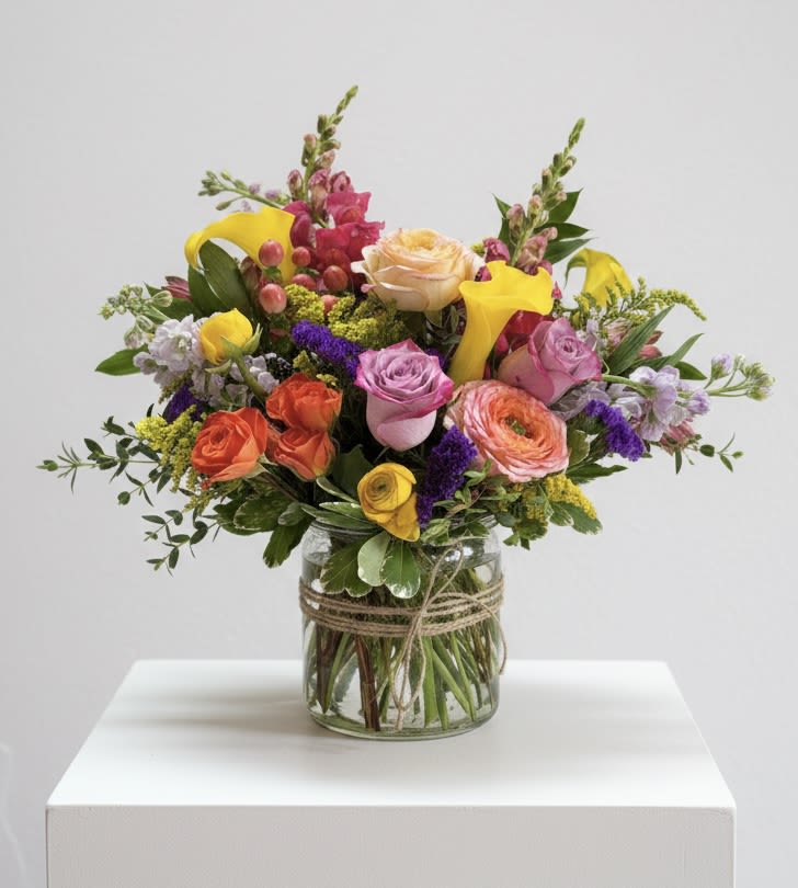 Mixed bouquet of colorful flowers in a glass vase