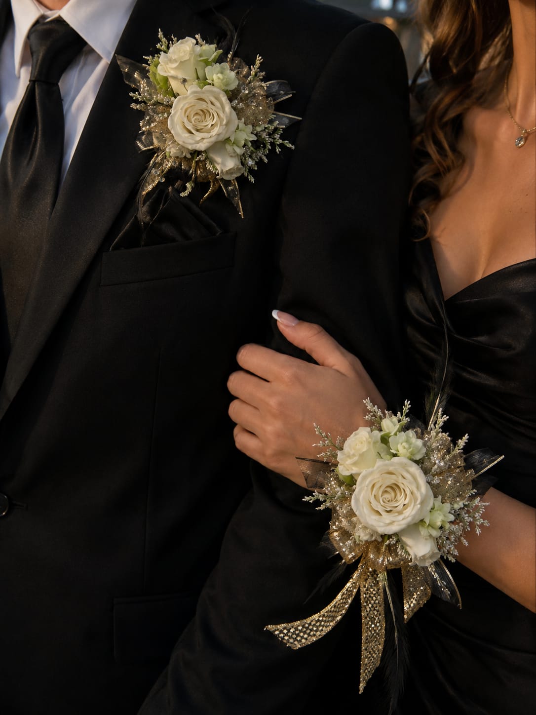 Signature Glam Corsage &amp; Boutonniere Set - This matching corsage and boutonniere set features fresh roses, delicate floral accents, elegant shimmer ribbon, crystal details, and soft feather touches for a bold and glamorous prom look.  Designed with fresh flowers and carefully layered textures, this set creates a modern statement while keeping an elegant and romantic feel for your special night.  Includes: • Wrist corsage • Matching boutonniere • Fresh flowers • Shimmer ribbon detailing • Crystal accents • Feather accents  This design can be customized in almost any color combination to match your outfit or prom theme. Please leave your preferred flower and ribbon colors in the notes section at checkout.  