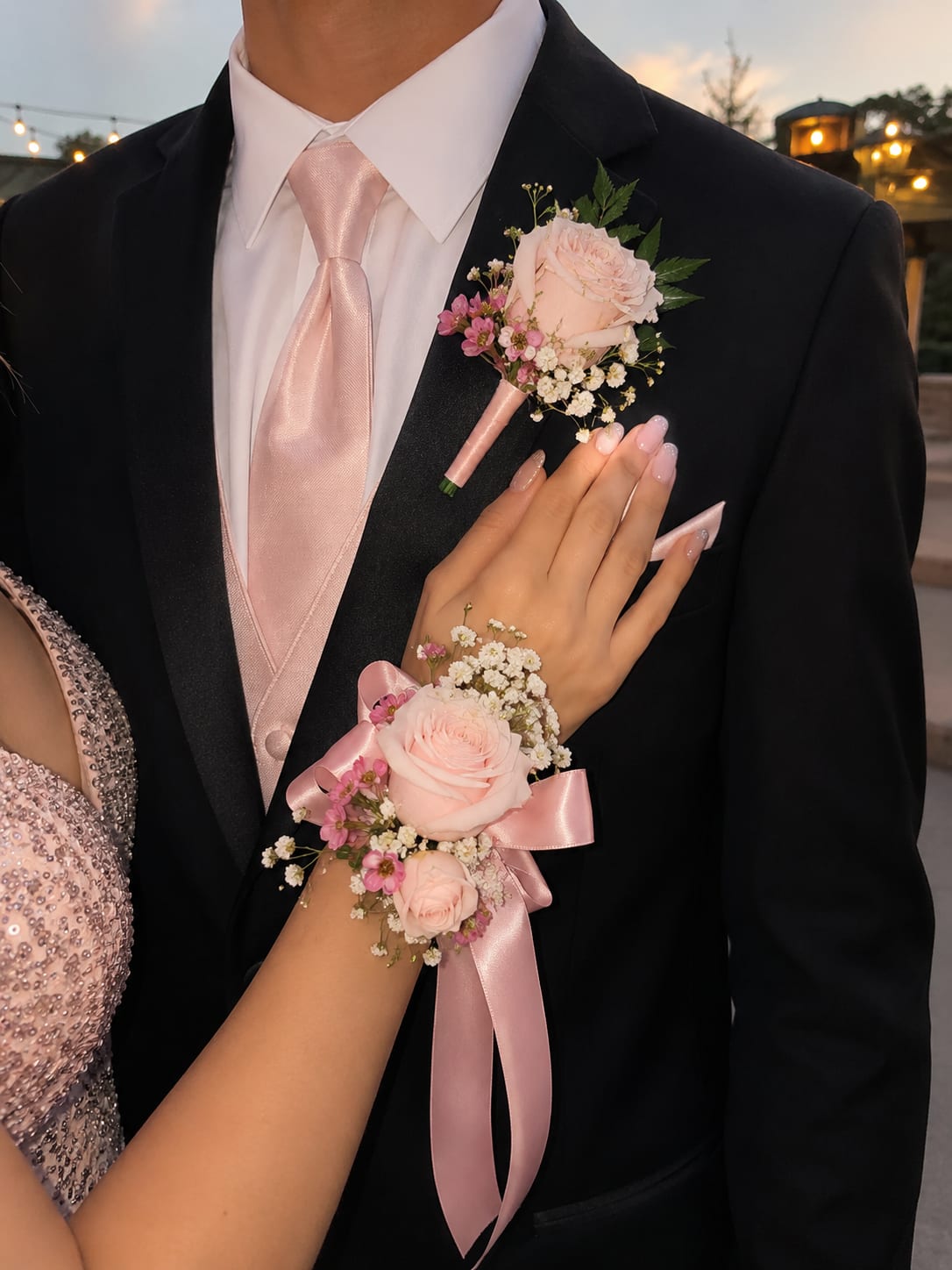 Blush Pink Corsage &amp; Boutonniere Set - This matching corsage and boutonniere set features fresh blush roses, delicate baby’s breath, and soft pink satin ribbon accents for a romantic and elegant prom look.  Designed with fresh flowers and carefully coordinated details, this set brings a soft and timeless touch to your special night.  Includes: • Wrist corsage • Matching boutonniere • Fresh flowers • Satin ribbon detailing  If you would like a different ribbon color to match your outfit or prom theme, please leave your preferred color in the notes section at checkout.   This design can be customized to match your dress or prom colors. Please leave your dress color or inspiration details in the notes section at checkout, and we will create a beautifully coordinated set just for you.   