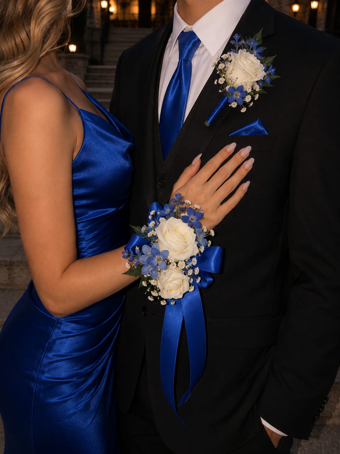 Royal Blue Corsage &amp; Boutonniere Set - This matching corsage and boutonniere set features fresh ivory roses, delicate blue floral accents, baby’s breath, and royal blue satin ribbon for a bold and elegant prom look.  Designed with fresh flowers and carefully coordinated details, this set brings a timeless and sophisticated touch to your special night.  Includes: • Wrist corsage • Matching boutonniere • Fresh flowers • Satin ribbon detailing  If you would like a different ribbon color to match your outfit or prom theme, please leave your preferred color in the notes section at checkout.   This design can be customized to match your dress or prom colors. Please leave your dress color or inspiration details in the notes section at checkout, and we will create a beautifully coordinated set just for you.   