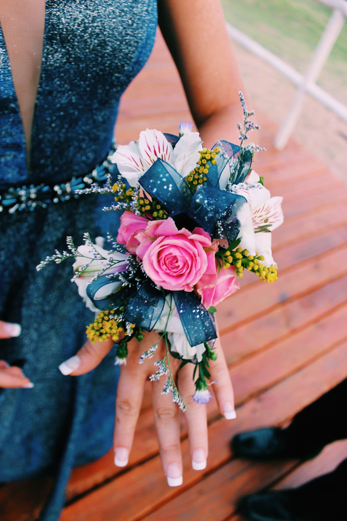 Pink and blue prom set - Matching fresh floral corsage and boutonniere set featuring bush roses, blue floral accents, baby’s breath, and royal blue satin ribbon.  This design can be customized to match your dress or prom colors. Please leave your dress color or inspiration details in the notes section at checkout, and we will create a beautifully coordinated set just for you.   