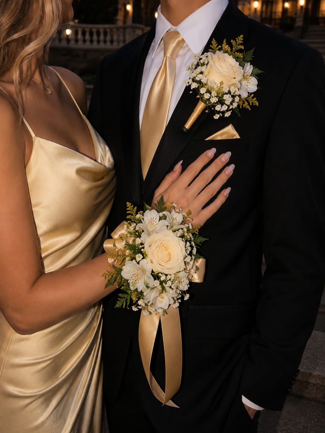 Champagne Garden Corsage &amp; Boutonniere Set - This matching corsage and boutonniere set features fresh ivory roses, delicate alstroemeria blooms, baby’s breath, soft greenery, and champagne satin ribbon accents for a romantic and elegant prom look.  Designed with fresh flowers and carefully coordinated details, this set brings a timeless and sophisticated touch to your special night.  Includes: • Wrist corsage • Matching boutonniere • Fresh flowers • Satin ribbon detailing  If you would like a different ribbon color to match your outfit or prom theme, please leave your preferred color in the notes section at checkout.   This design can be customized to match your dress or prom colors. Please leave your dress color or inspiration details in the notes section at checkout, and we will create a beautifully coordinated set just for you.   