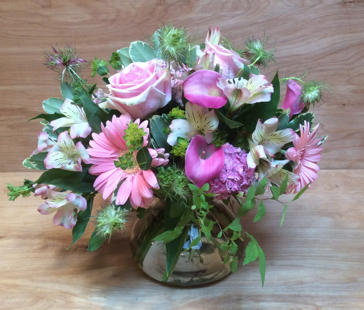 Pink mixed bouquet in a glass vase
