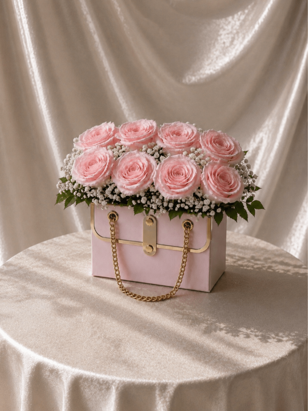 Blush Pink Purse  - Soft blush roses styled in a full, rounded design with fresh greenery and delicate berry accents, beautifully arranged in our signature pink purse-style box with elegant gold details. Sweet, feminine, and effortlessly refined, this design is perfectly photo-ready from every angle.  Each arrangement is Designer’s Choice, thoughtfully created with fresh seasonal blooms. Flower varieties and color tones may vary based on availability while preserving the overall style, palette, and luxurious presentation.  Perfect for Valentine’s Day, birthdays, Mother’s Day, anniversaries, thank you gestures, welcoming a new baby, thinking of you, congratulations, or a sweet and elegant “just because” surprise.  Same day flower delivery available in Southwest Florida, including Naples, Bonita Springs, and Fort Myers Beach. 