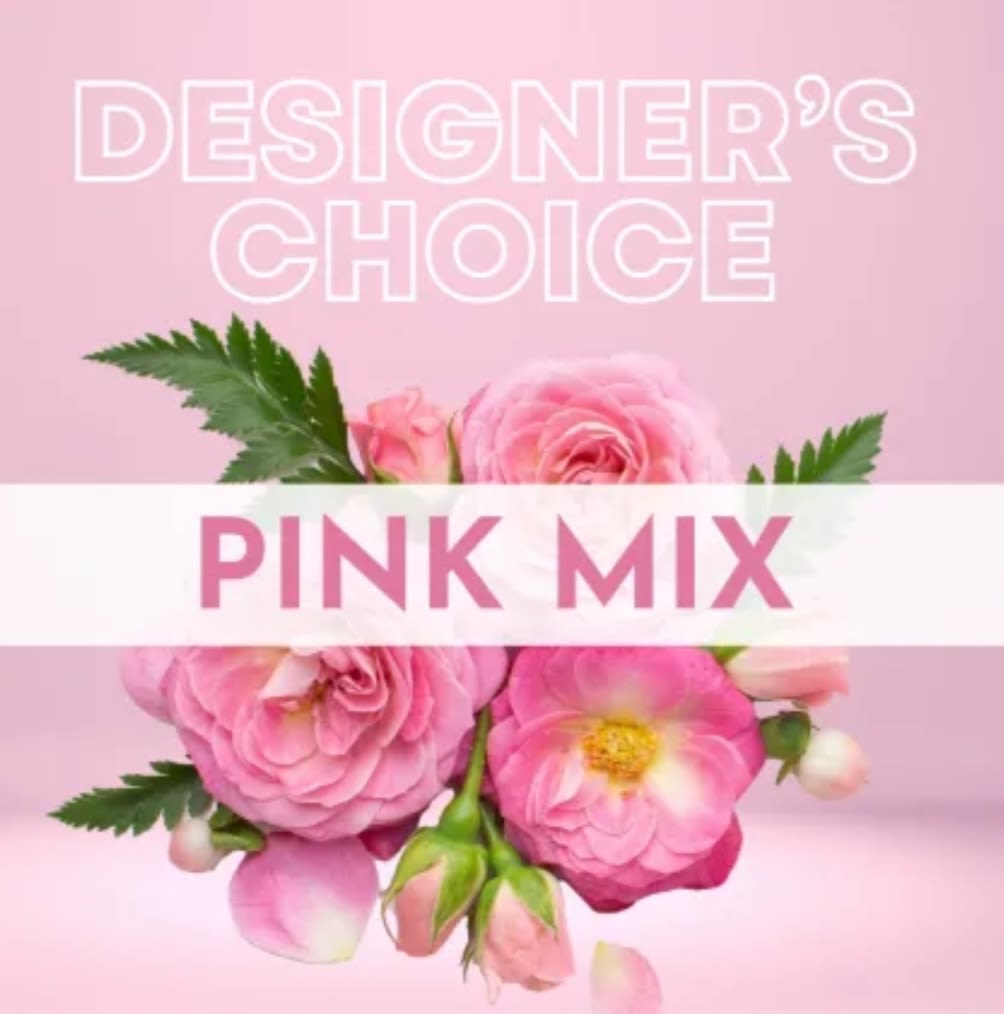 Pink mixed bouquet with roses and ranunculus on a pink background