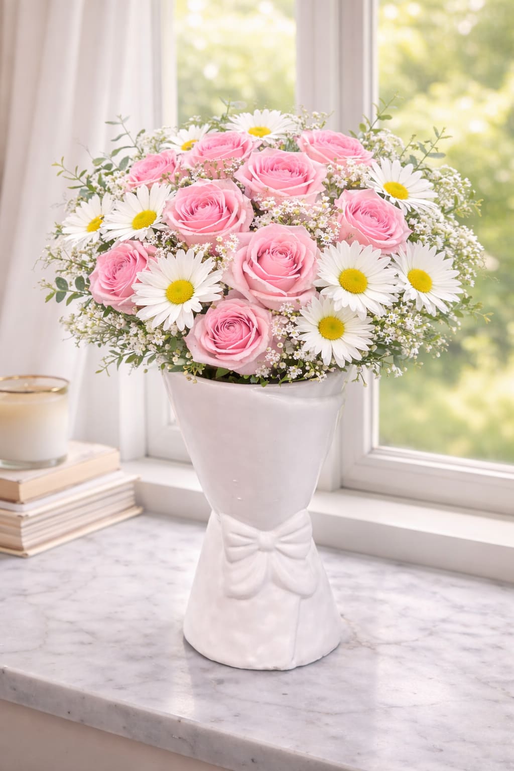 Rosie Daisy - A lovely surprise for mom for Mother's Day. This simply and beautiful arrangement made with roses, daisy and baby's breath , arrange in a hand craft ceramic vase.