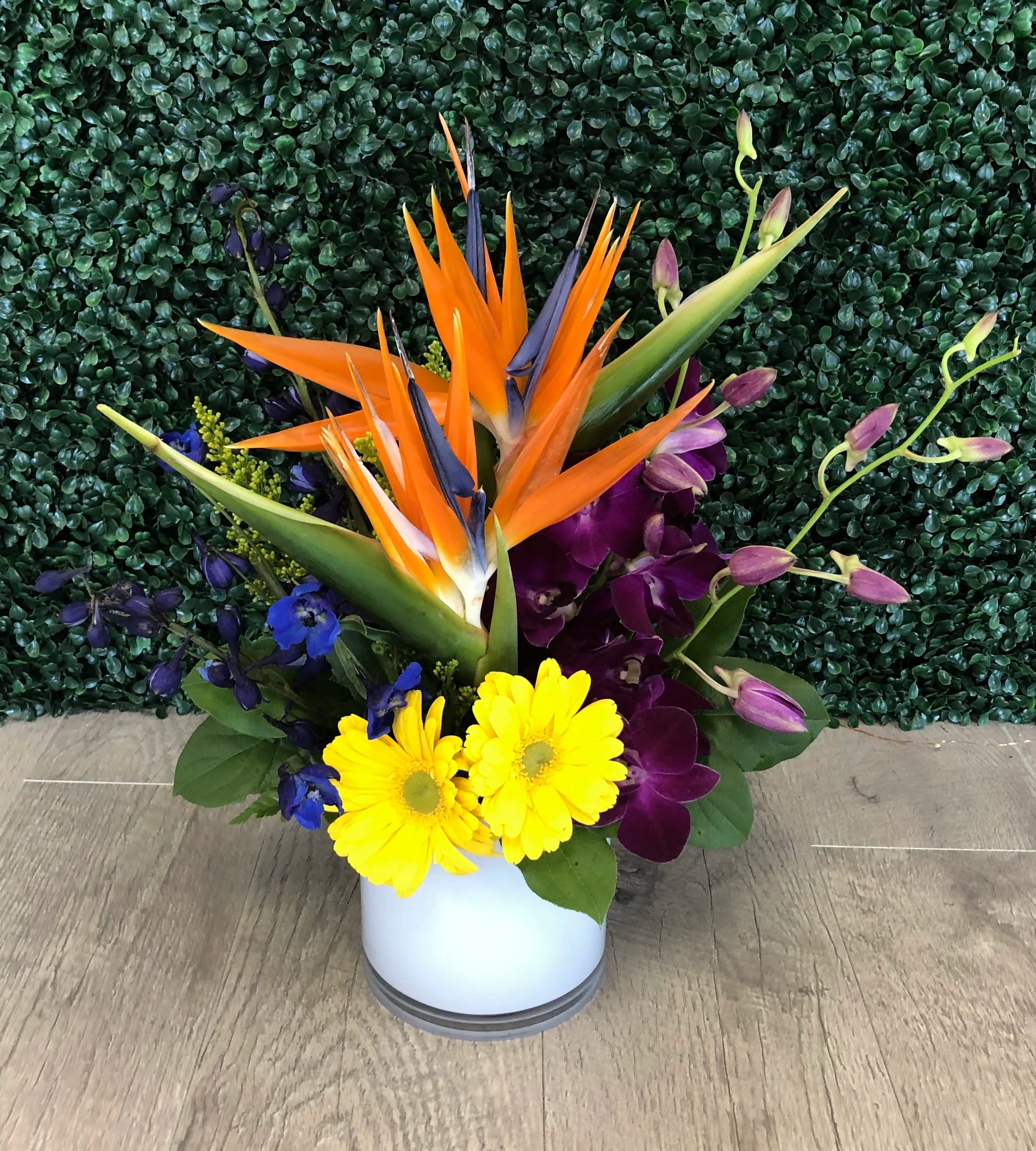 Tropical bouquet with orange bird of paradise and purple orchids in a white vase