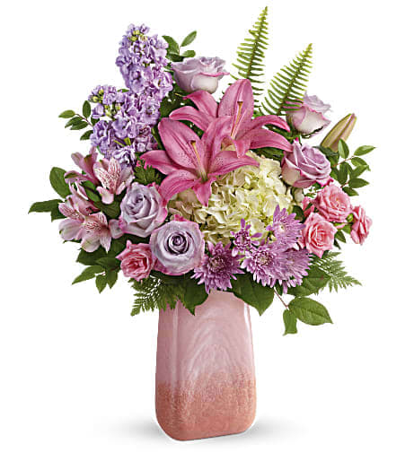 Teleflora's Pleasing Pastels Bouquet - Pleasing as can be! This Mother's Day, delight her with this gorgeous, cherry quartz-inspired art glass vase, bursting with pastel roses, hydrangea and lilies.