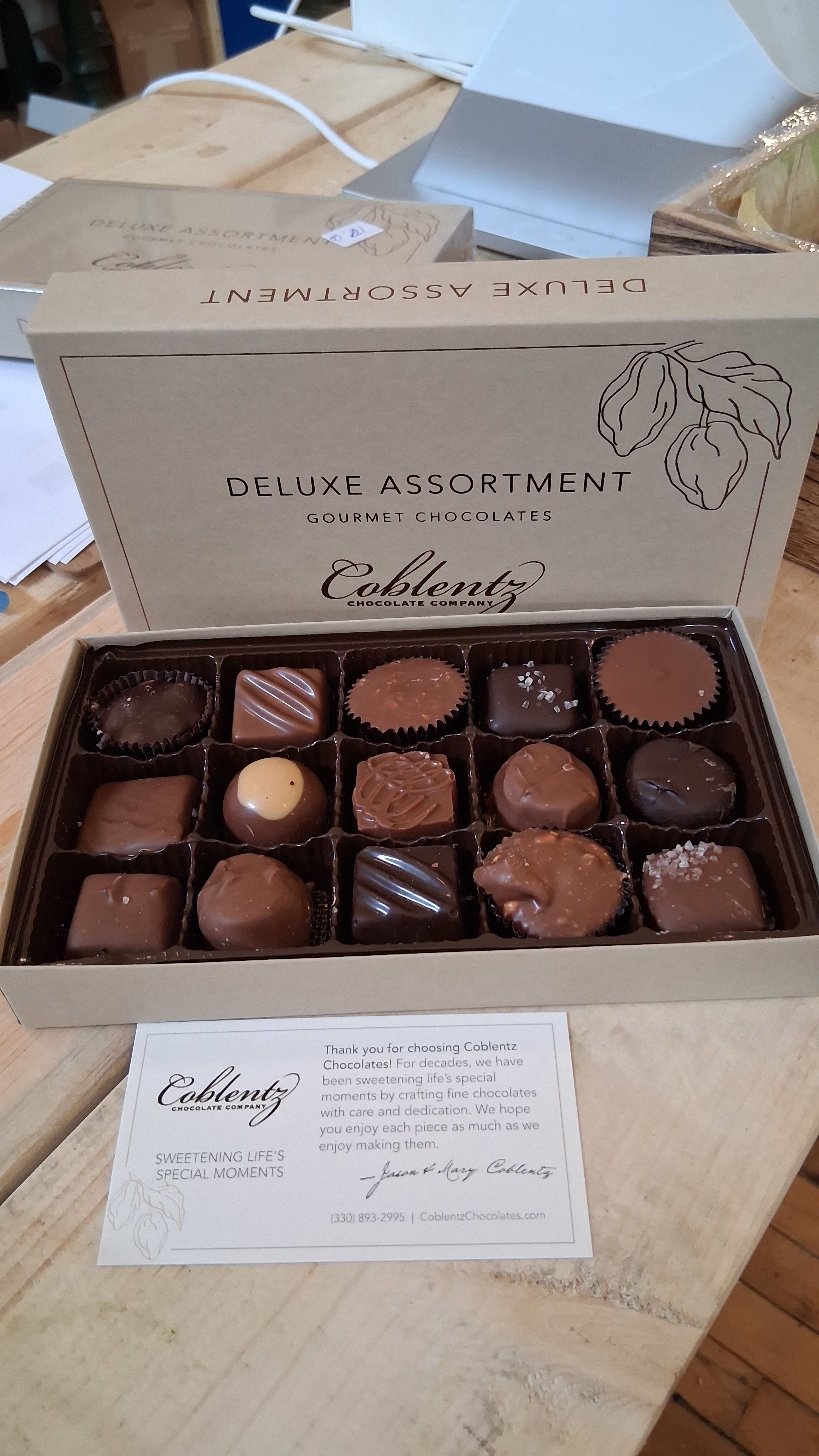 Coblentz deluxe assorted gourmet chocolates - Thank you for choosing Coblentz Chocolates! For decades, we have been sweetening life's special moments by crafting fine chocolates with care and dedication. We hope you enjoy each piece as much as we enjoy making them. 