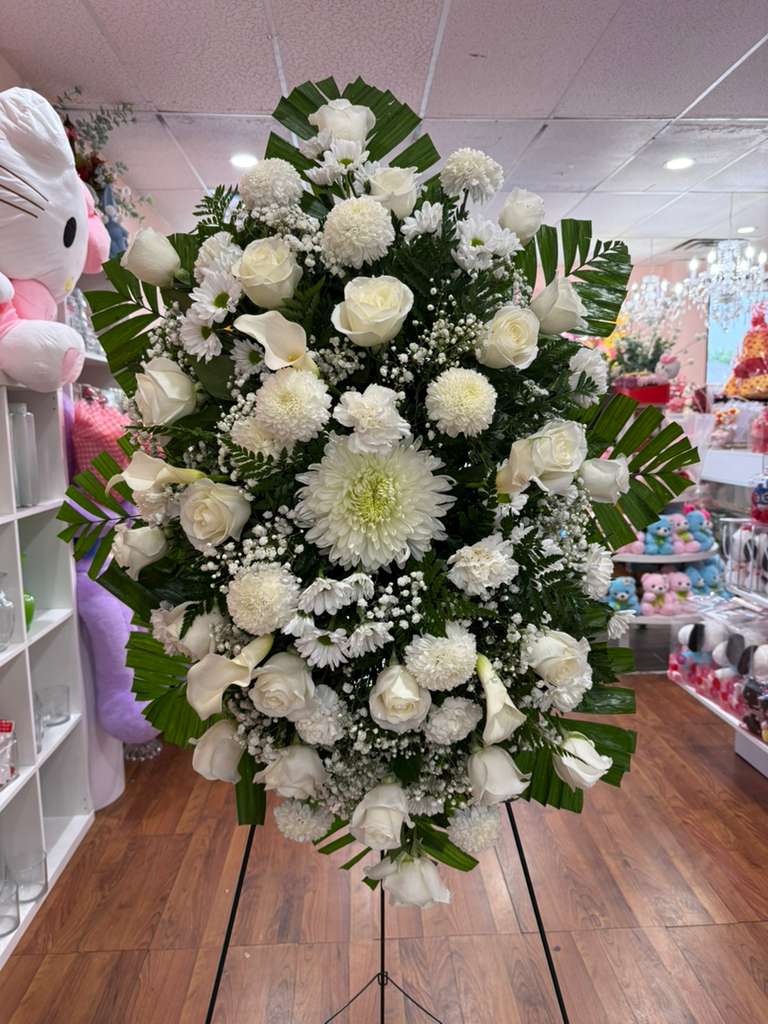 Spray White Funeral  - Spray of white roses, carnations, chrysanthemums, daisies, and greenery.