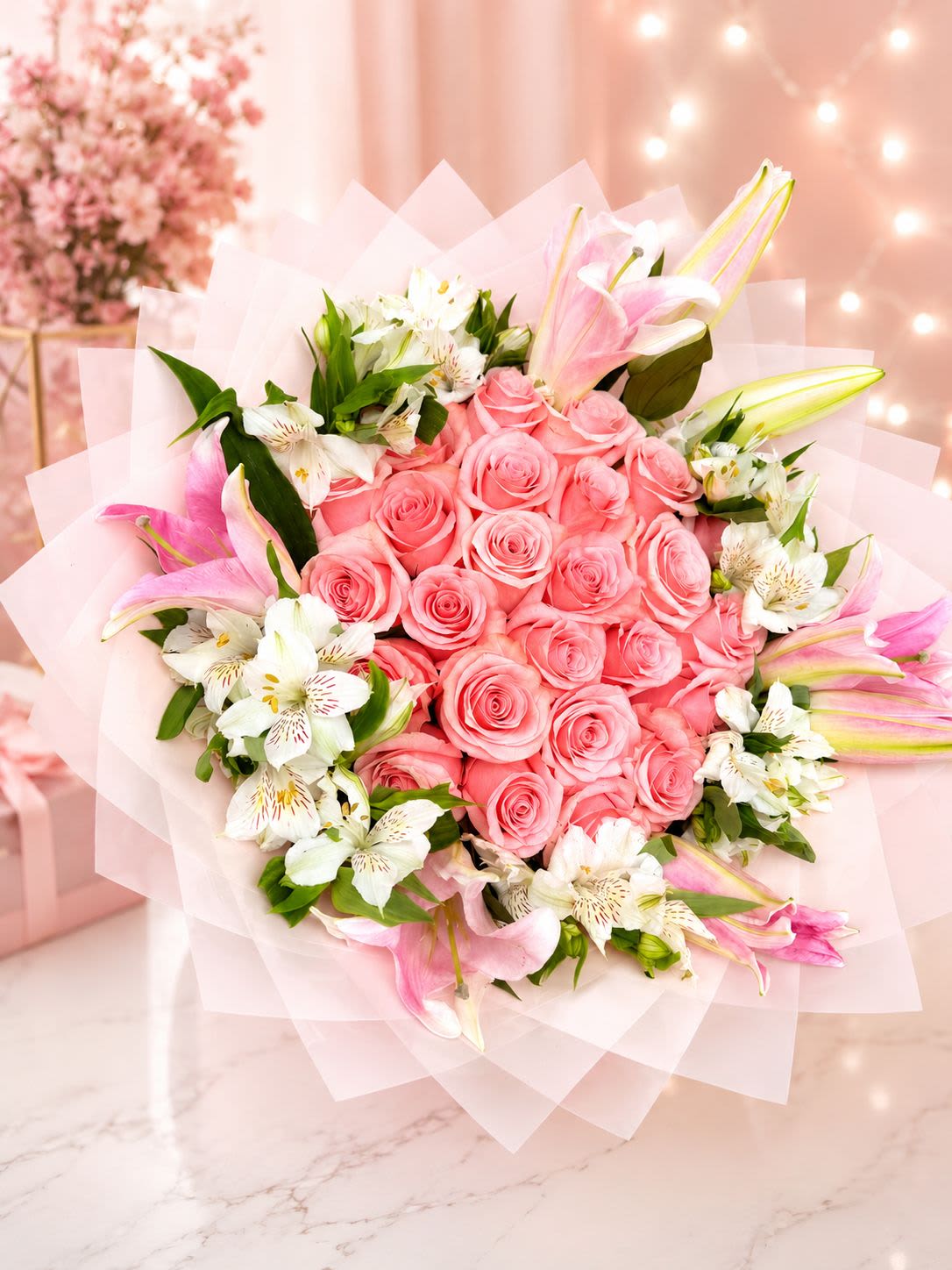 Moonlight Love - 24 Light Pink Roses + Lilies + Alstroemeria