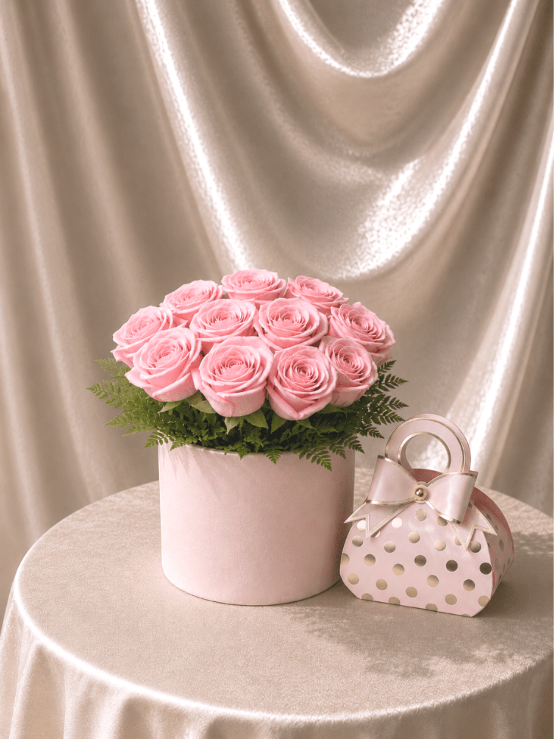 Pink roses in a round box with a matching gift box