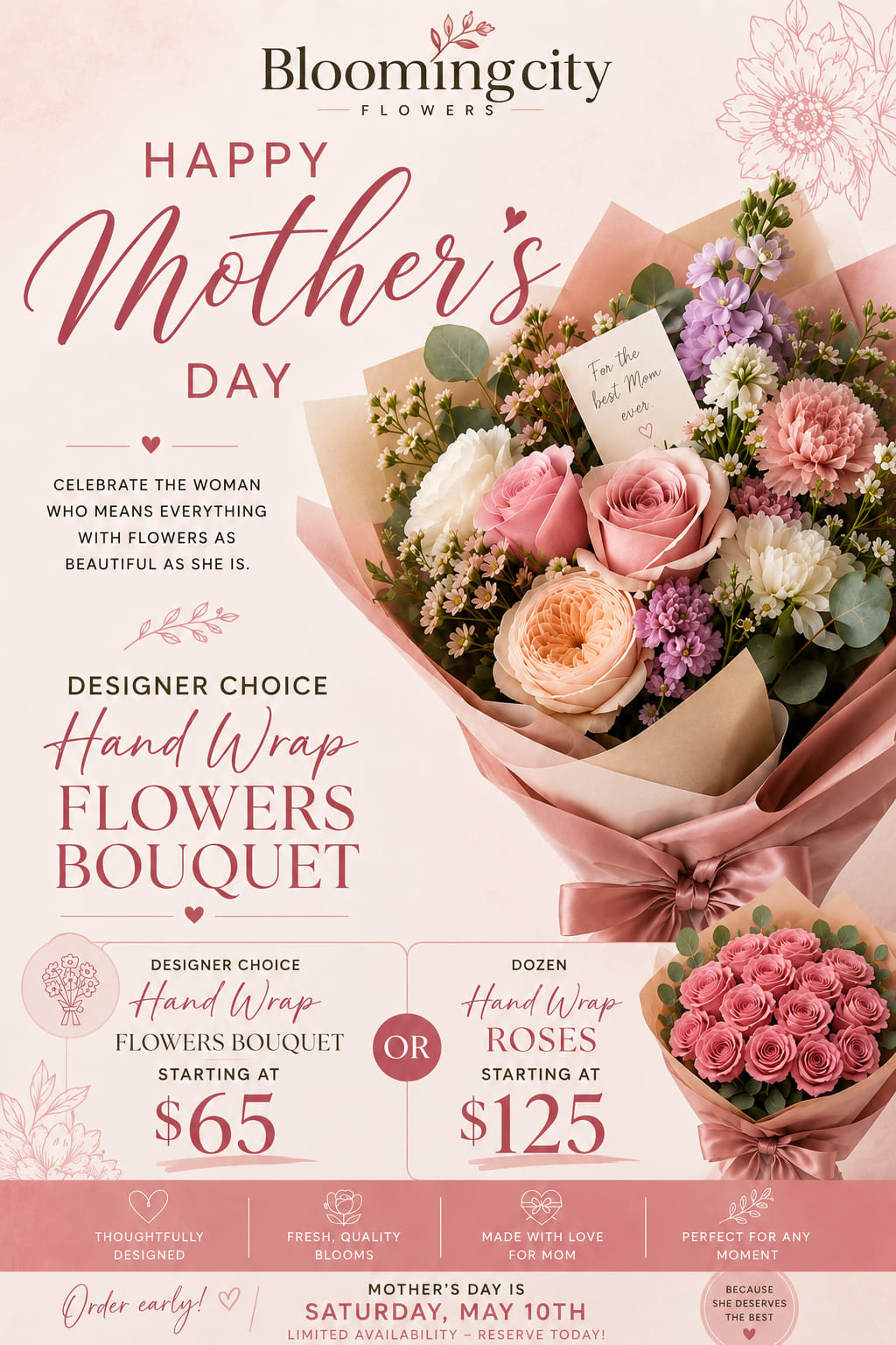 *HandWrap Flower Bouquets - Soft blush roses and peach garden roses meet white daisy-like blooms and tiny lavender accents in a hand-wrapped flower arrangement that reads as quietly romantic and joyfully celebratory - ideal as a birthday bouquet, anniversary roses, or a Mother's Day gift. The HandWrap Flower Bouquet is designed to make the person you're thinking of feel truly seen: soft textures, layered blooms, and a satin ribbon finish give an immediate impression of care and warmth for occasions like love and romance, thank you, or just because.  Each bouquet is hand-wrapped in blush and kraft paper, tied with a satin ribbon, and includes a greeting card for your message. Expect a full, rounded composition with garden roses, spray roses, chrysanthemums, daisies, and mixed seasonal fillers, plus eucalyptus-like foliage for depth and texture. A smaller designer-choice option is available for a more intimate gesture. This arrangement suits Mother's Day and everyday celebrations alike; to keep blooms fresh, trim stems and change vase water every other day for the best lasting display.