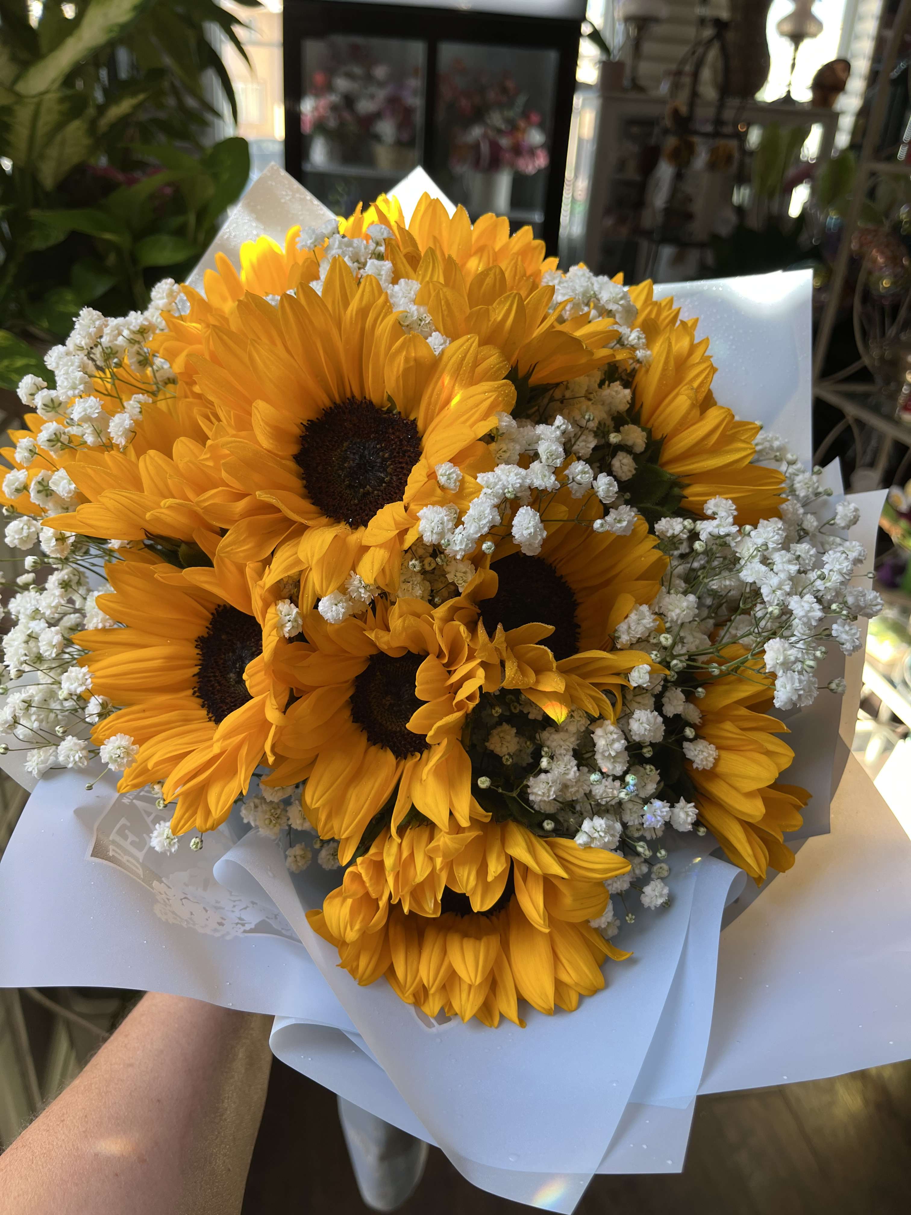 Bouquet of yellow sunflowers with white baby's breath