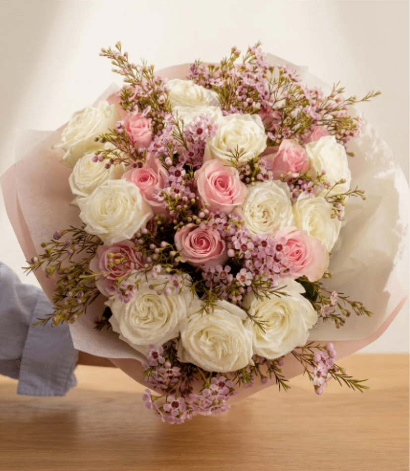 BP46 - Pink Dreams - Hand-tied bouquet with white and pink roses &amp; wax flowers. 